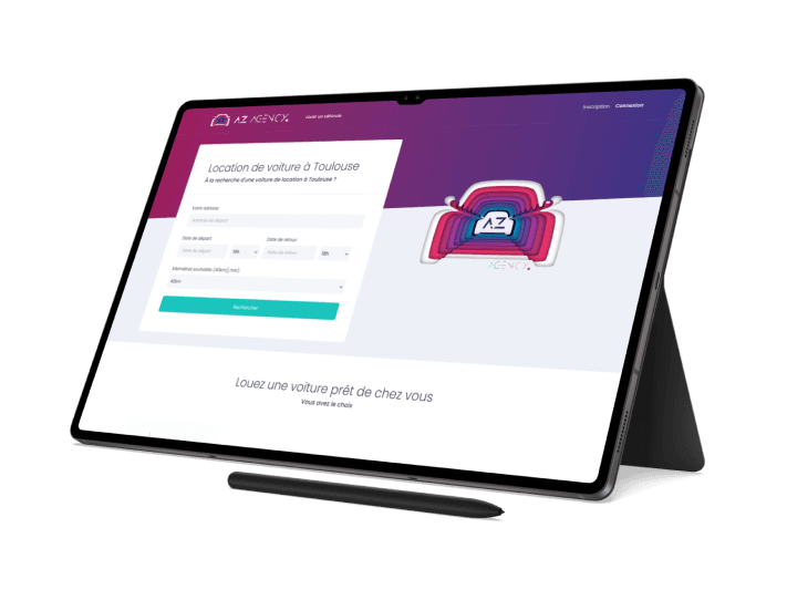 Application web de location de véhicules d'AZ Agency affichée sur une tablette