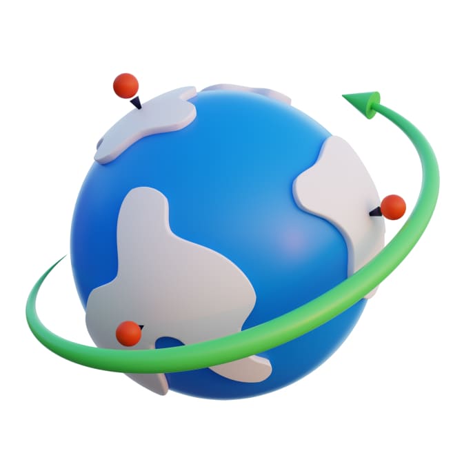 Globe terrestre entouré d'une flèche verte et ponctué de repères de localisation